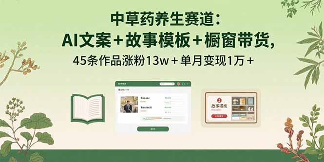 （15925期）中草药养生赛道：AI文案+故事模板+橱带货，45条作品涨粉13w+单月变现1万+