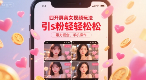 四开屏美女视频玩法，引s粉轻轻松松，暴力掘金，手机操作