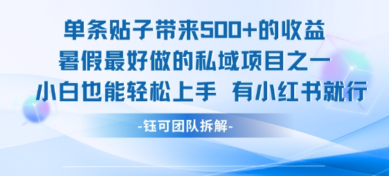 单条贴子带来5张的收益，暑假最好做的私域项目之一，小白也能轻松上手，有小红书就行
