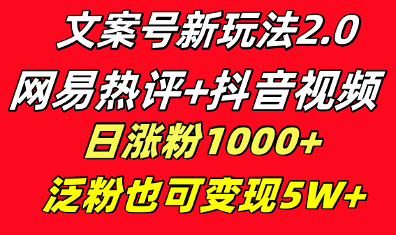 #原创                                                                                                 （8484期）文案号新玩法 网易热评+抖音文案 一天涨粉1000+ 多种变现模式 泛粉也可变现_80楼网创