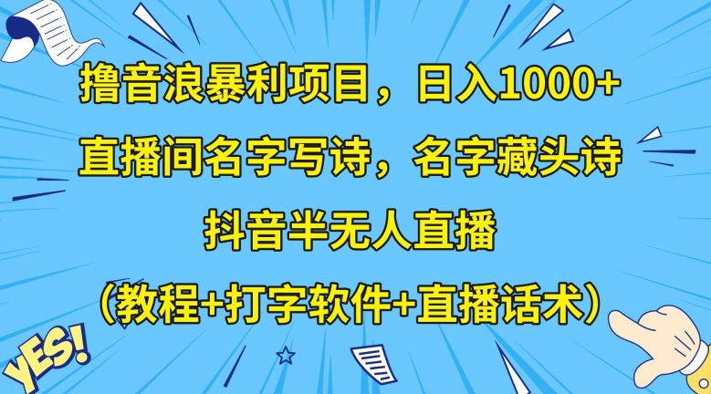 撸音浪暴利项目，日入1000+，直播间名字写诗，名字藏头诗，抖音半无人直播（教程+打字软件+直播话术）【揭秘】_80楼网创
