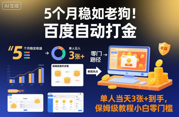 5个月稳如老狗！百度自动打金，单人当天3张+到手，保姆级教程小白零门槛