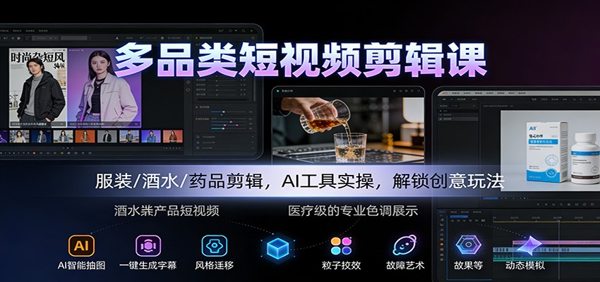 多品类短视频剪辑课：服装/酒水/药品剪辑，AI工具实操，解锁创意玩法