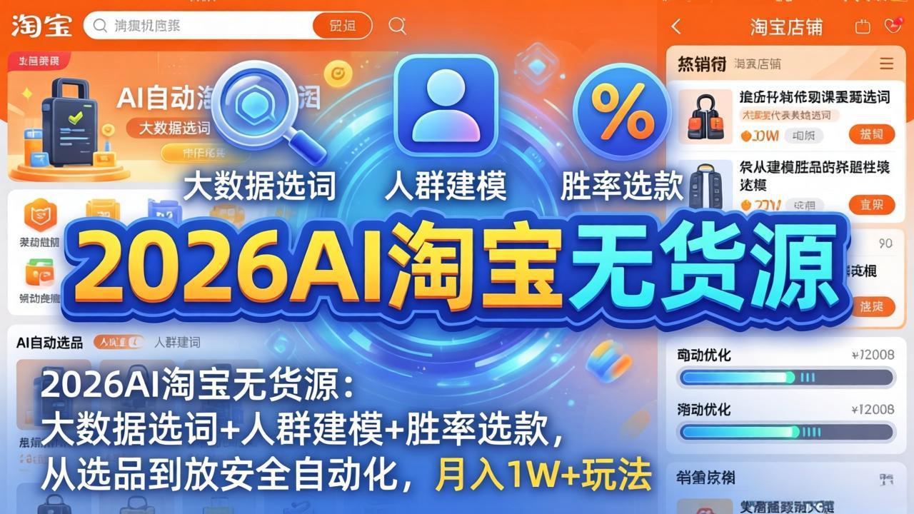（17812期）2026AI淘宝无货源：大数据选词+人群建模+胜率选款，从选品到放大全自动化，月入1W+玩法
